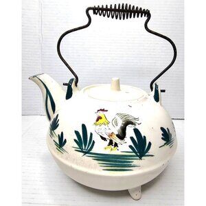 Vintage Ceramic Rooster Teapot With Metal Handle - Farmhouse Decor